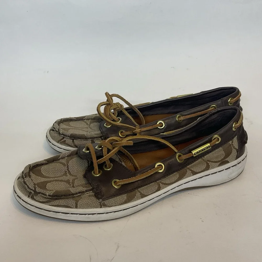 Coach Richelle Topsider Boat Shoes Canvas Leather‎ brown Womens Size 7B Monogram